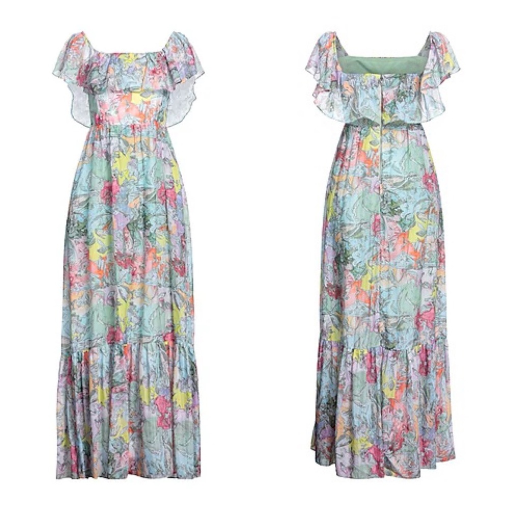 NWT Alice + Olivia Ruffled Off Shoulder Maxi Dress - Multi Print Boho Maxi Dress - Picture 7 of 15